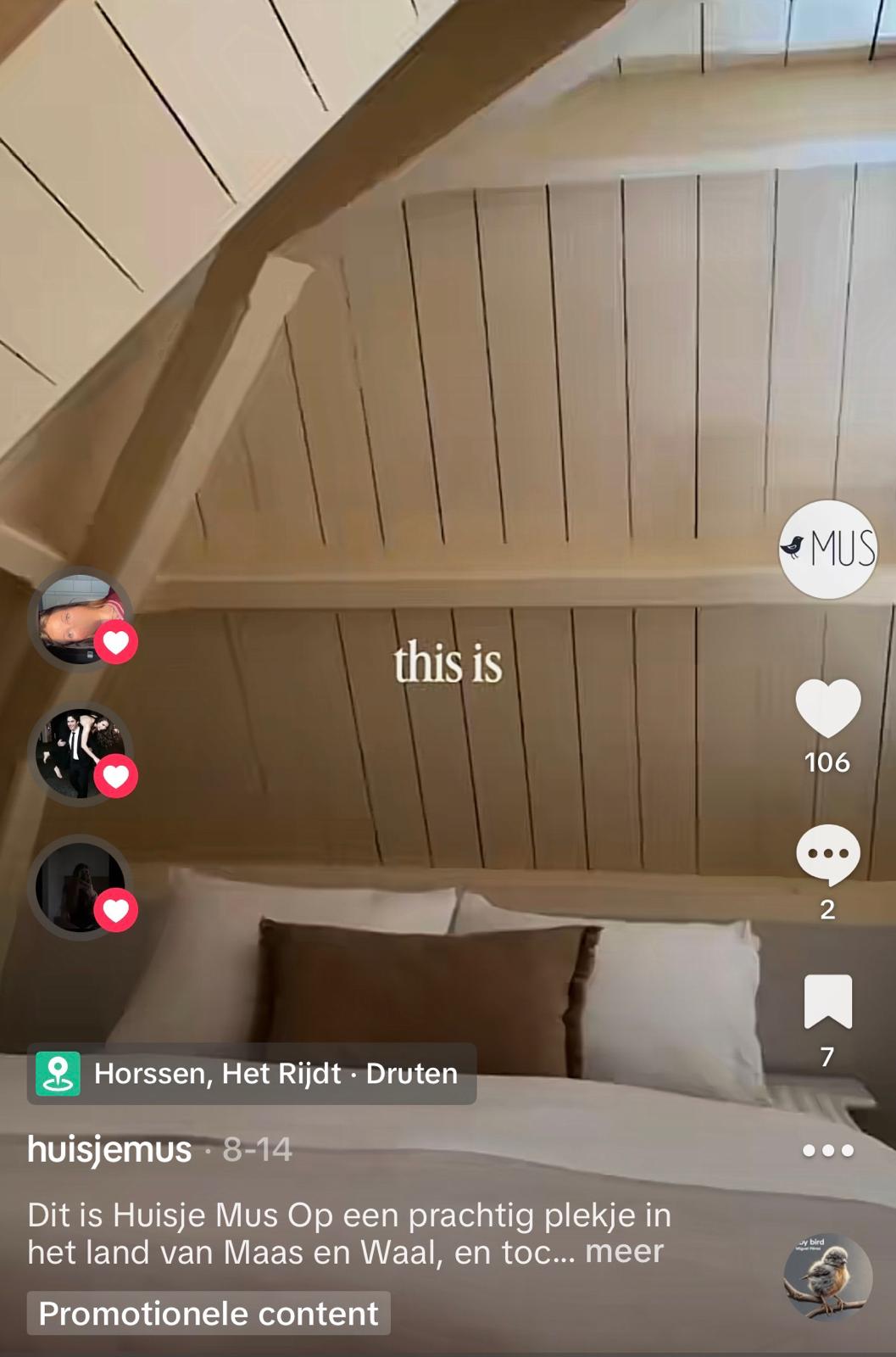 TikTok video van Huisje Mus met een sfeervolle slaapkamer onder een houten kap